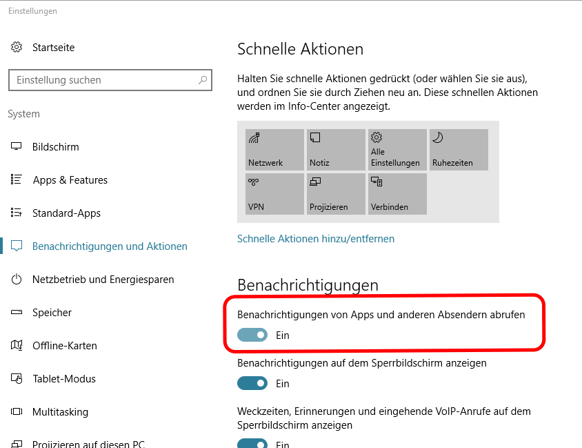 Windows 10 Benachrichtigungen abschalten
